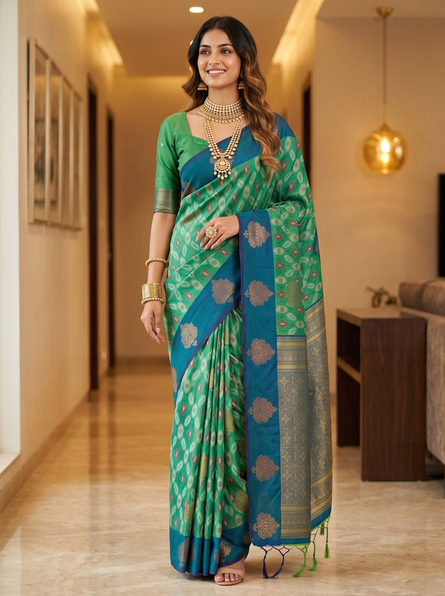 MIMOSA Rama Pochampally Saree — front view on mannequin