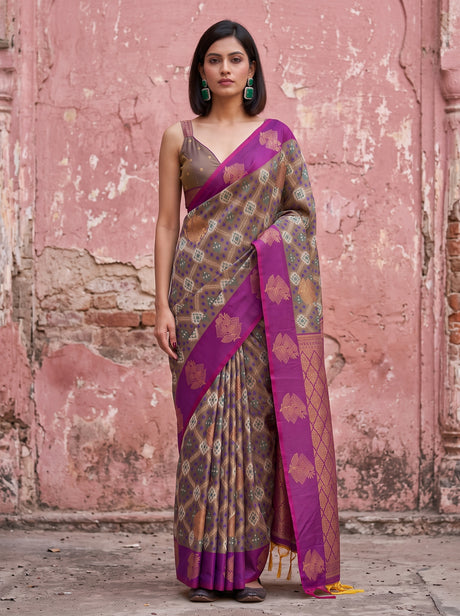 MIMOSA Violet Pochampally Saree — front view on mannequin