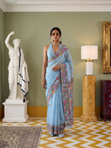 MIMOSA Blue Banarasi Linen Saree — front view on mannequin