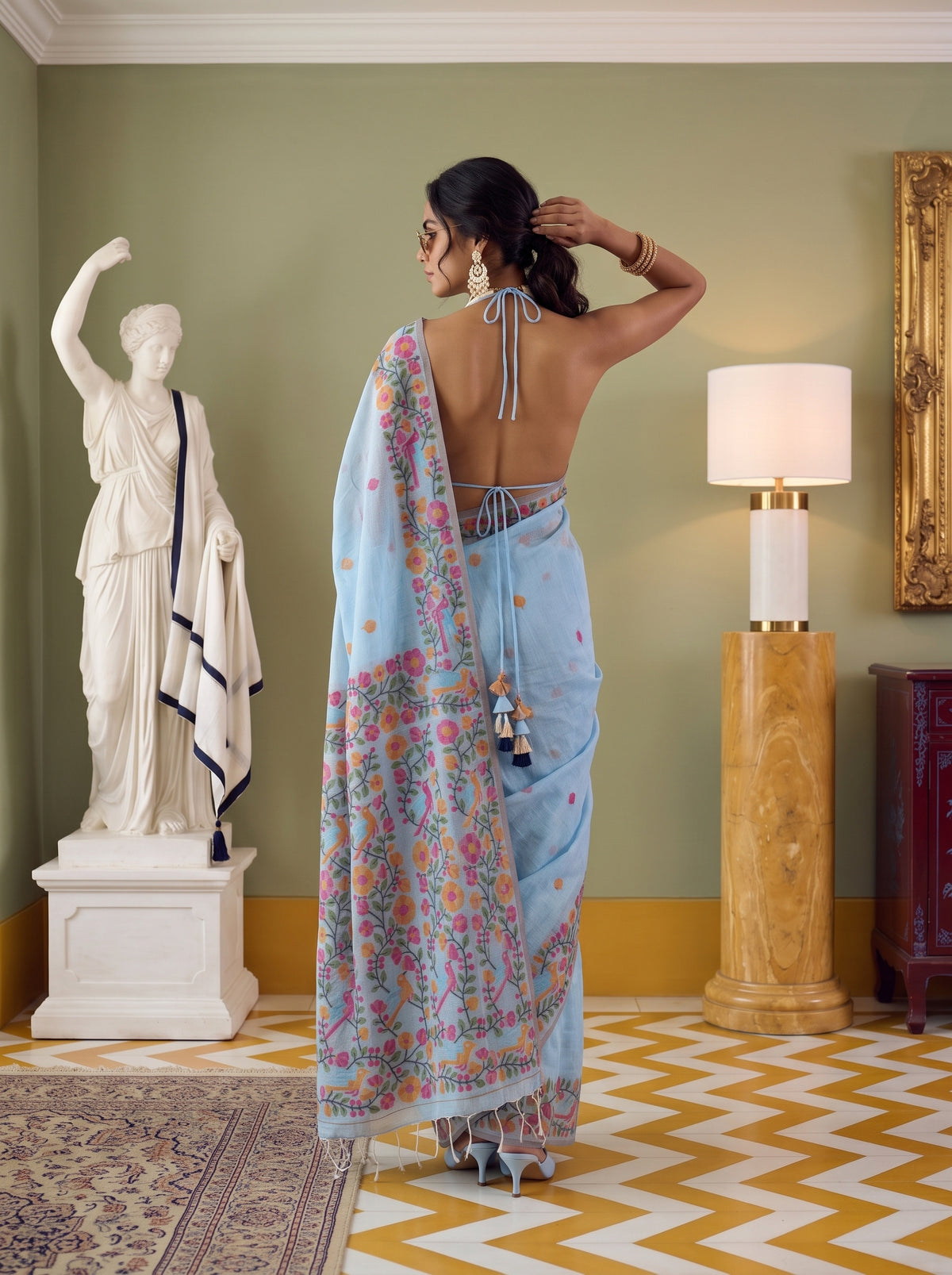MIMOSA Blue Banarasi Linen Saree — pose 2 styling detail