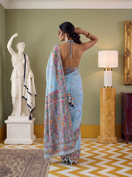 MIMOSA Blue Banarasi Linen Saree — pose 2 styling detail