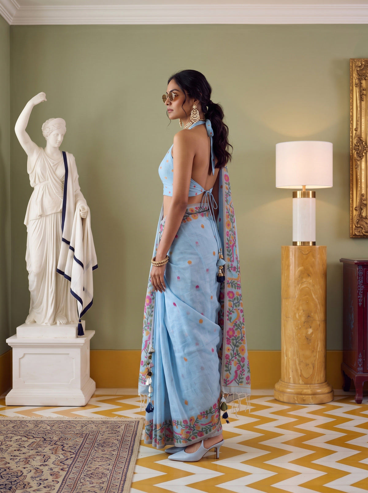 MIMOSA Blue Banarasi Linen Saree — pose 3 styling detail