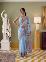 MIMOSA Blue Banarasi Linen Saree — pose 4 styling detail