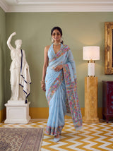 MIMOSA Blue Banarasi Linen Saree — pose 6 styling detail