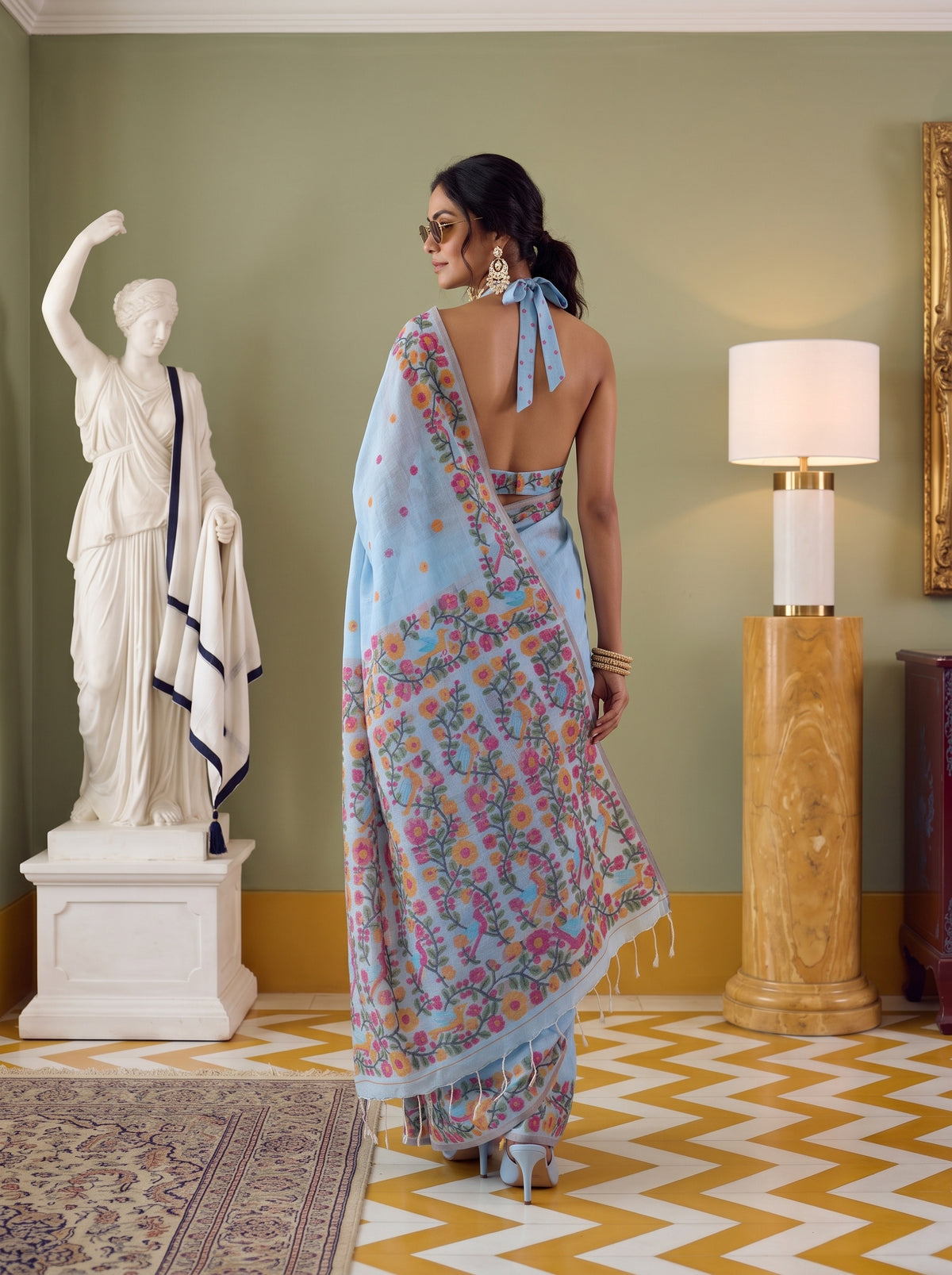 MIMOSA Blue Banarasi Linen Saree — pose 7 styling detail