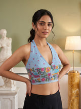 MIMOSA Blue Banarasi Linen Saree — blouse close-up