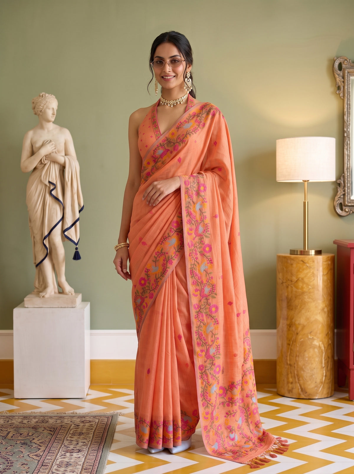 MIMOSA Gajari Banarasi Linen Saree — pose 10 styling detail