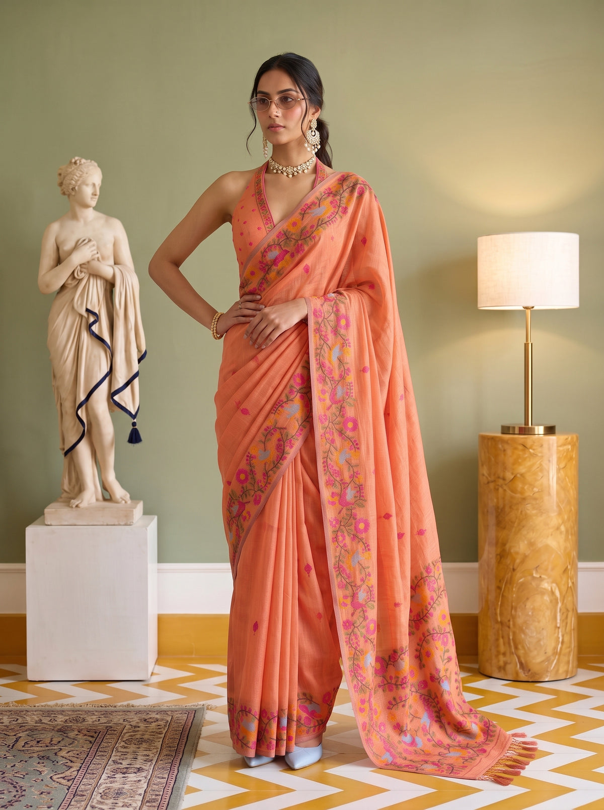 MIMOSA Gajari Banarasi Linen Saree — pose 4 styling detail