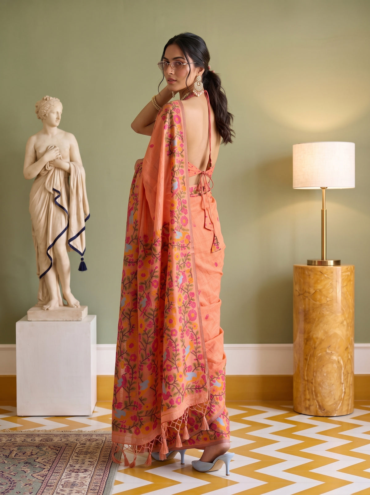 MIMOSA Gajari Banarasi Linen Saree — pose 7 styling detail