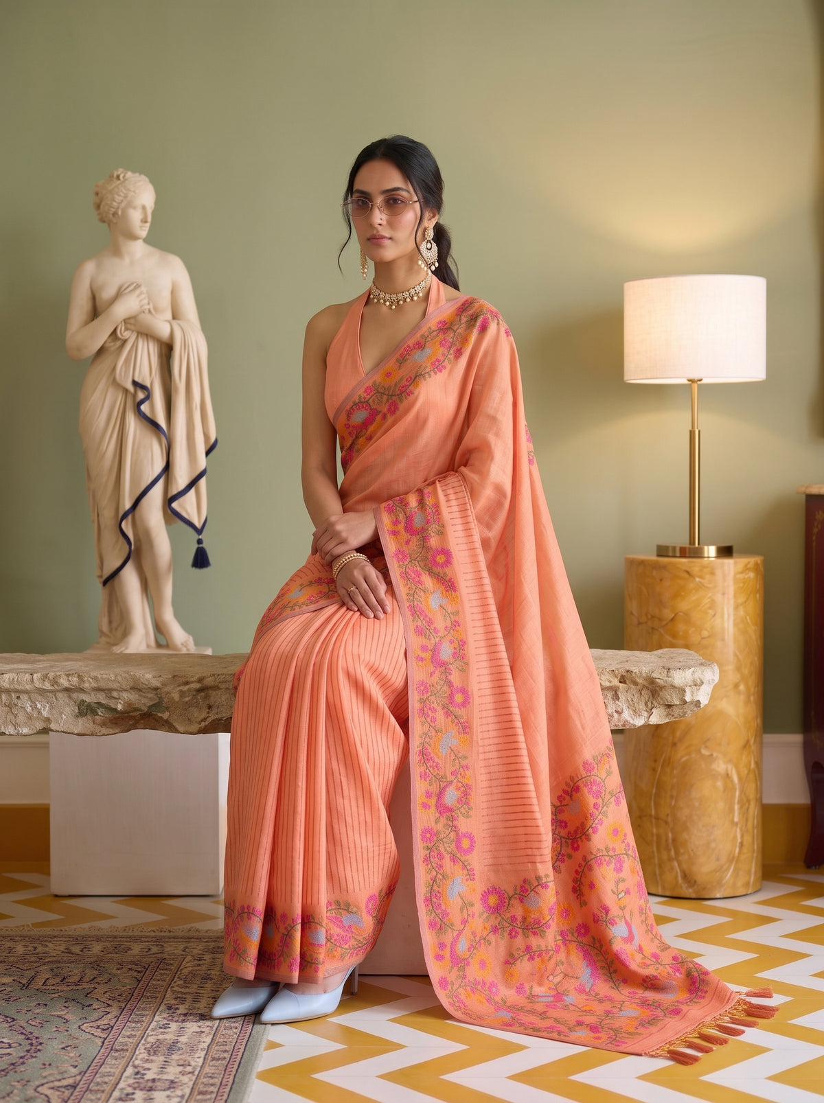 MIMOSA Gajari Banarasi Linen Saree — pose 8 styling detail