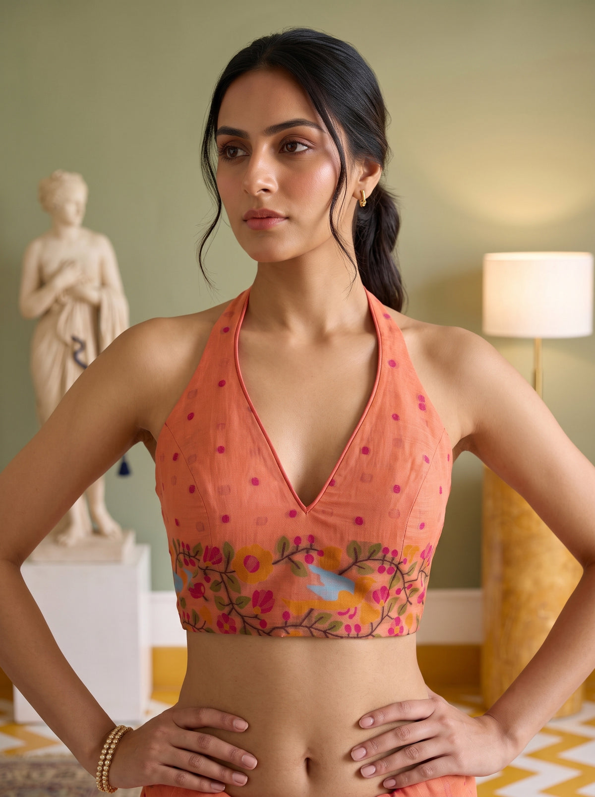 MIMOSA Gajari Banarasi Linen Saree — blouse close-up