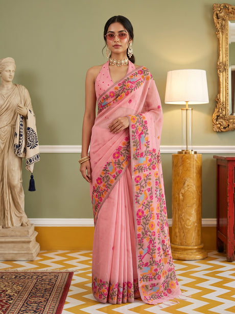 MIMOSA Peach Banarasi Linen Saree — front view on mannequin