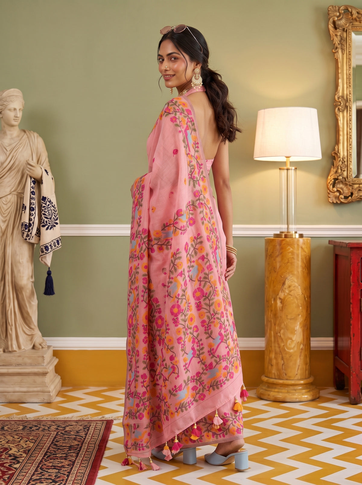 MIMOSA Peach Banarasi Linen Saree — pose 10 styling detail