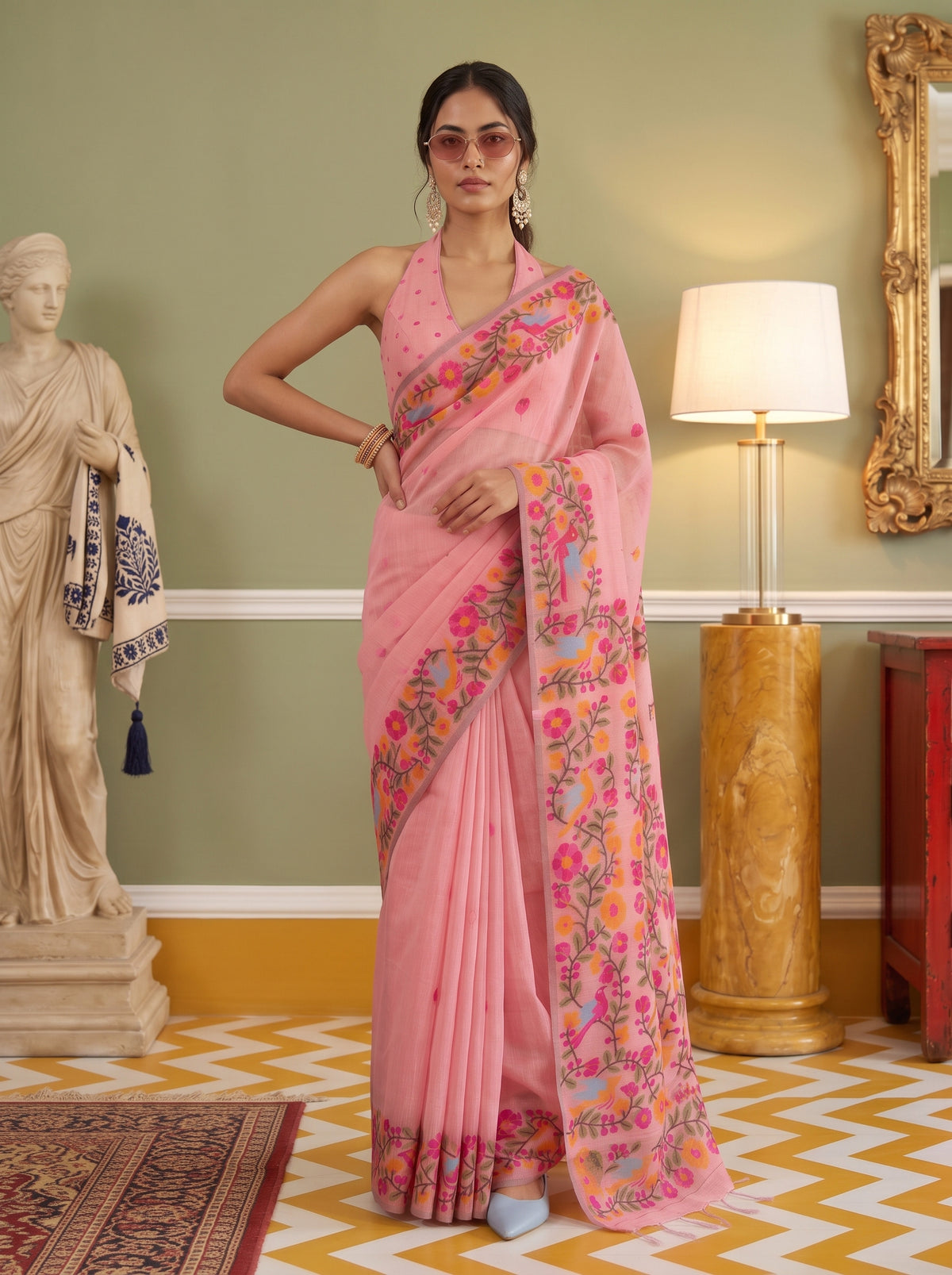 MIMOSA Peach Banarasi Linen Saree — pose 4 styling detail