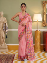 MIMOSA Peach Banarasi Linen Saree — pose 4 styling detail