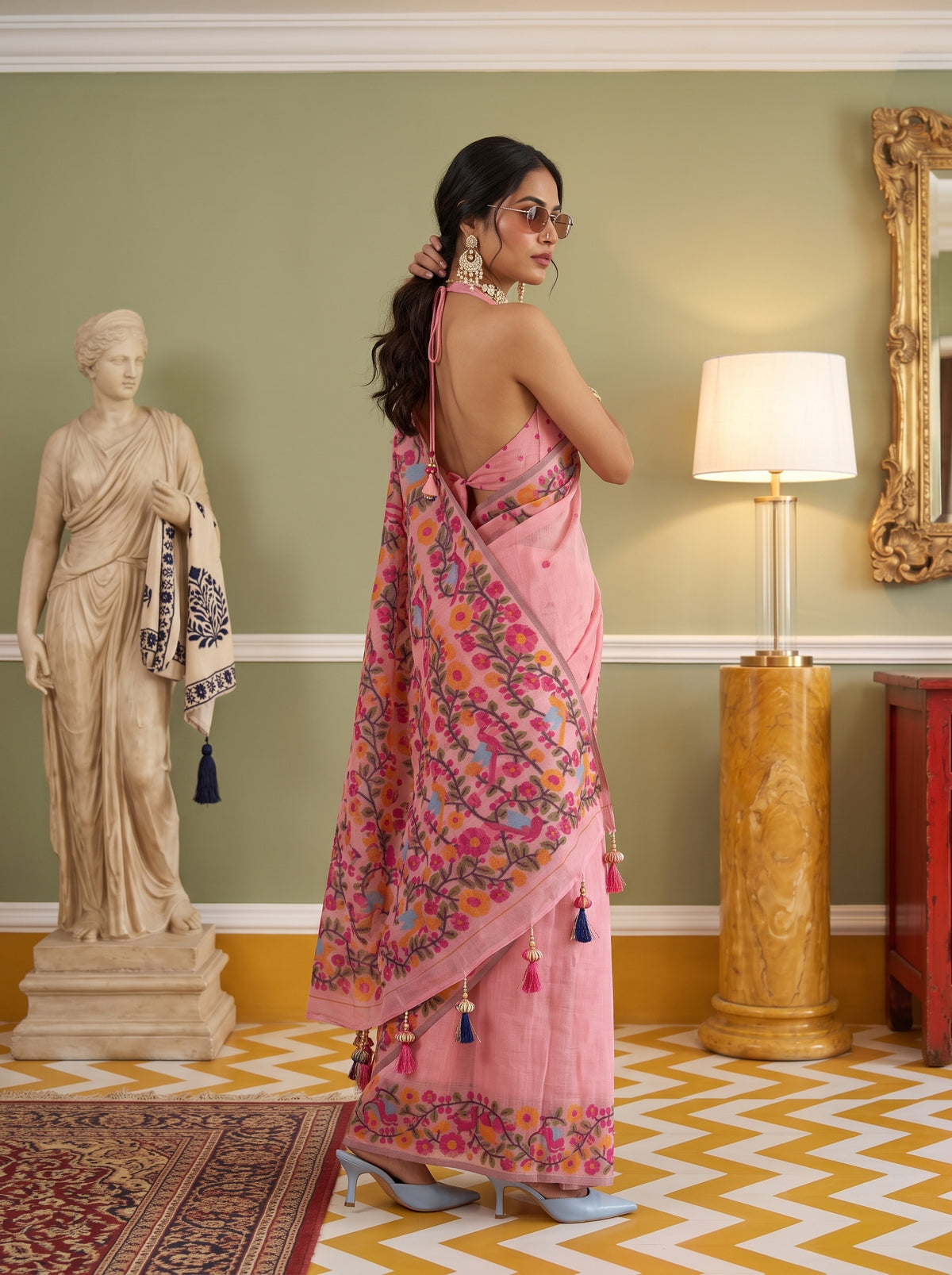 MIMOSA Peach Banarasi Linen Saree — pose 5 styling detail