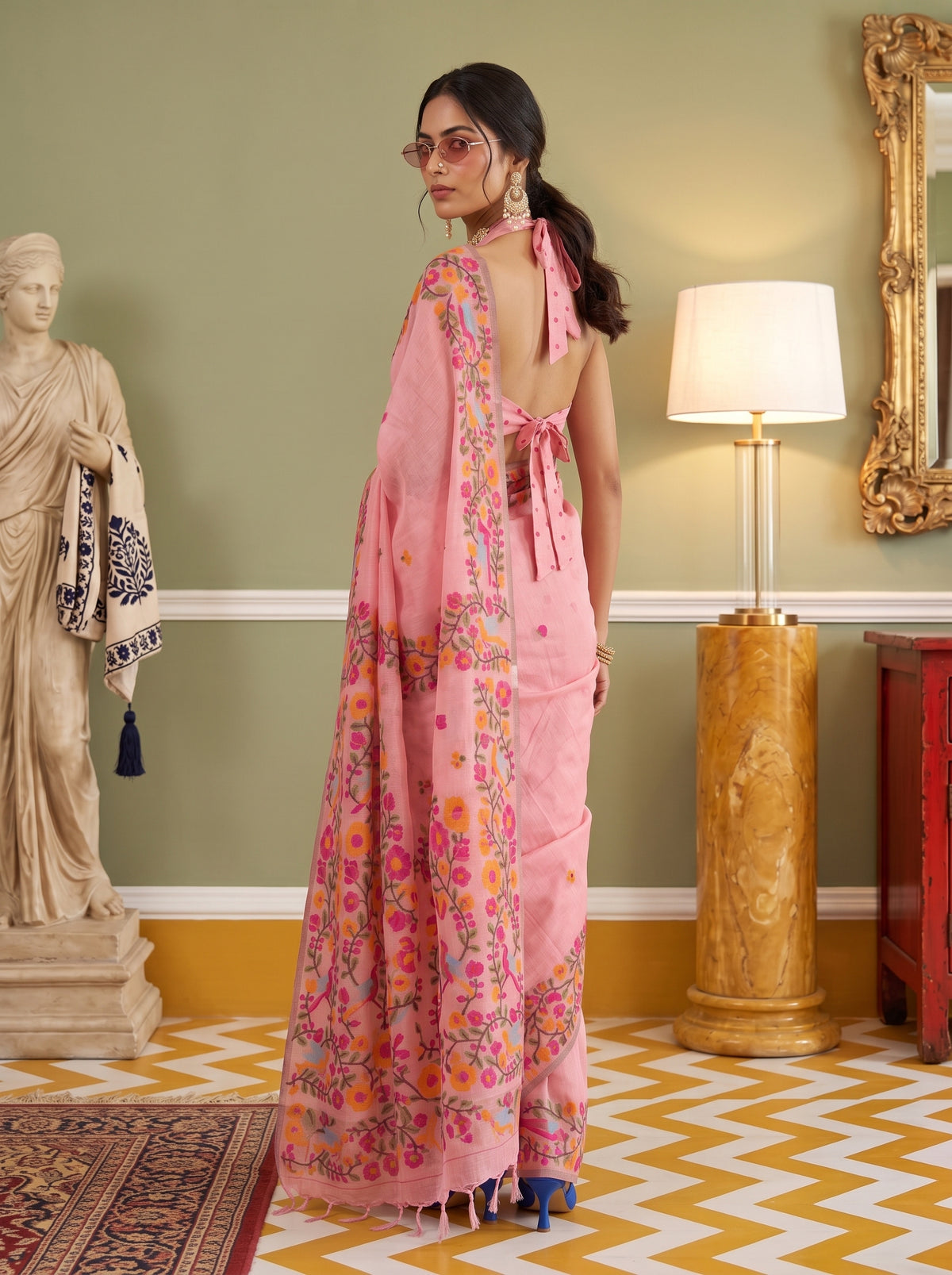 MIMOSA Peach Banarasi Linen Saree — pose 7 styling detail