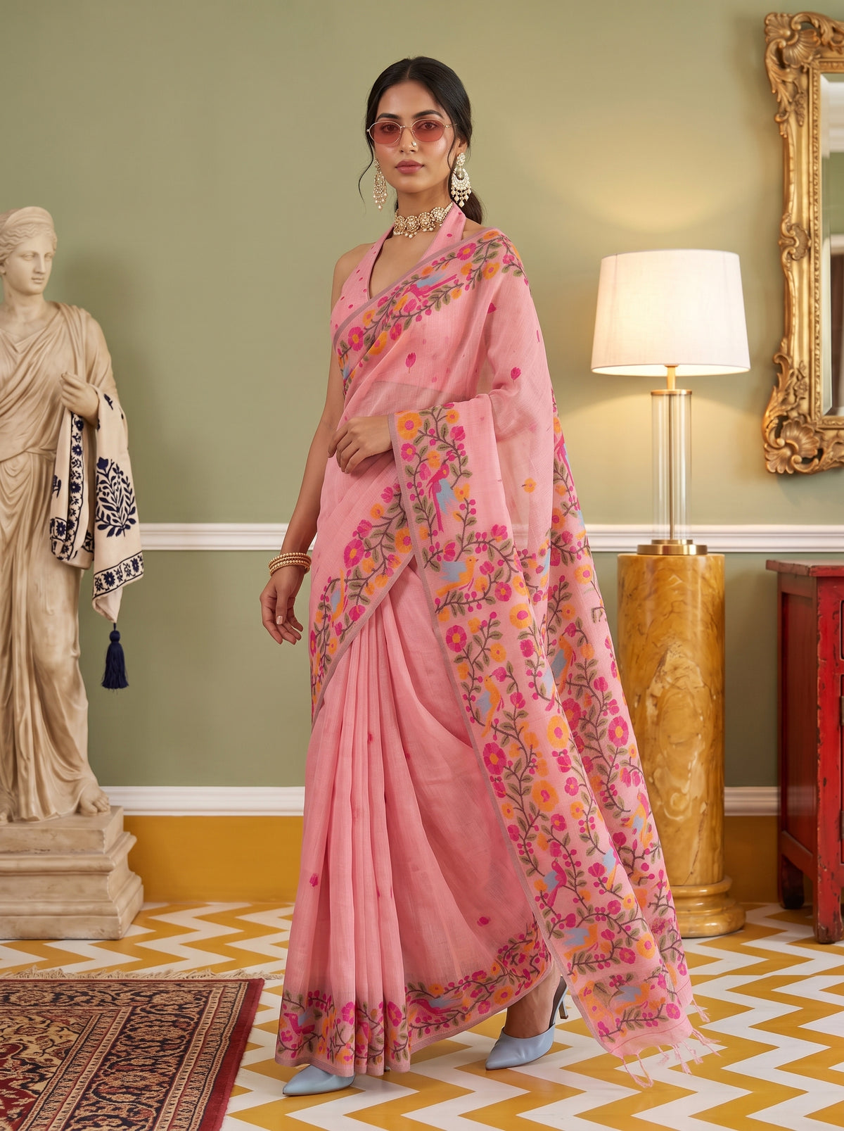 MIMOSA Peach Banarasi Linen Saree — pose 9 styling detail