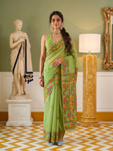 MIMOSA Parrot Green Banarasi Linen Saree — front view on mannequin