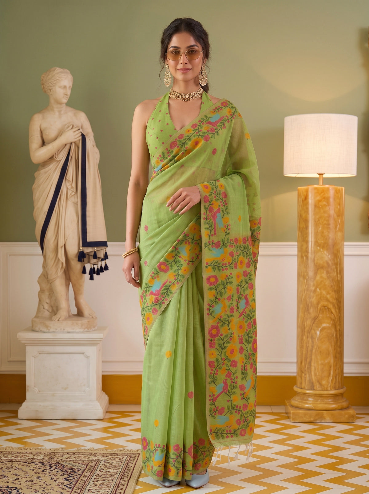 MIMOSA Parrot Green Banarasi Linen Saree — pose 10 styling detail