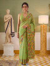 MIMOSA Parrot Green Banarasi Linen Saree — pose 10 styling detail