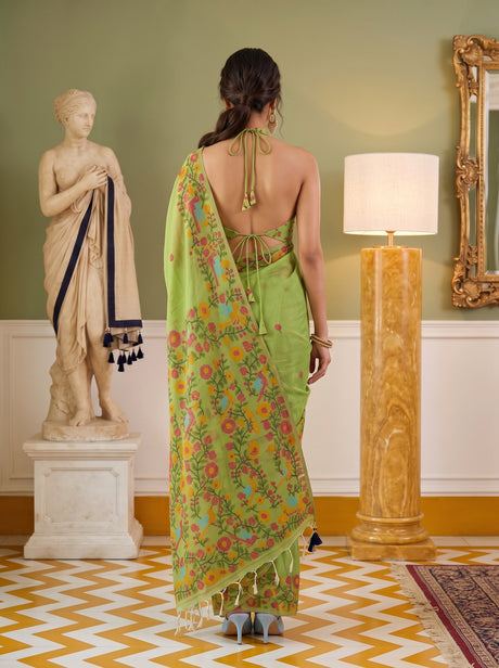 MIMOSA Parrot Green Banarasi Linen Saree — pose 2 styling detail