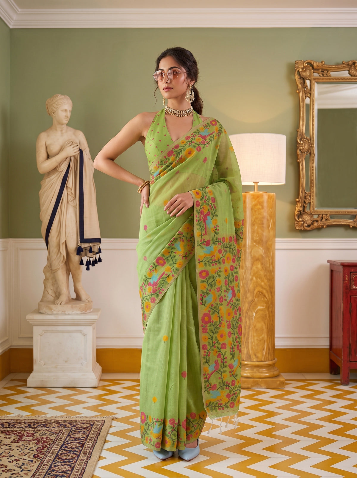 MIMOSA Parrot Green Banarasi Linen Saree — pose 4 styling detail