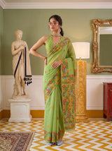 MIMOSA Parrot Green Banarasi Linen Saree — pose 4 styling detail
