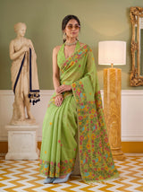 MIMOSA Parrot Green Banarasi Linen Saree — pose 8 styling detail