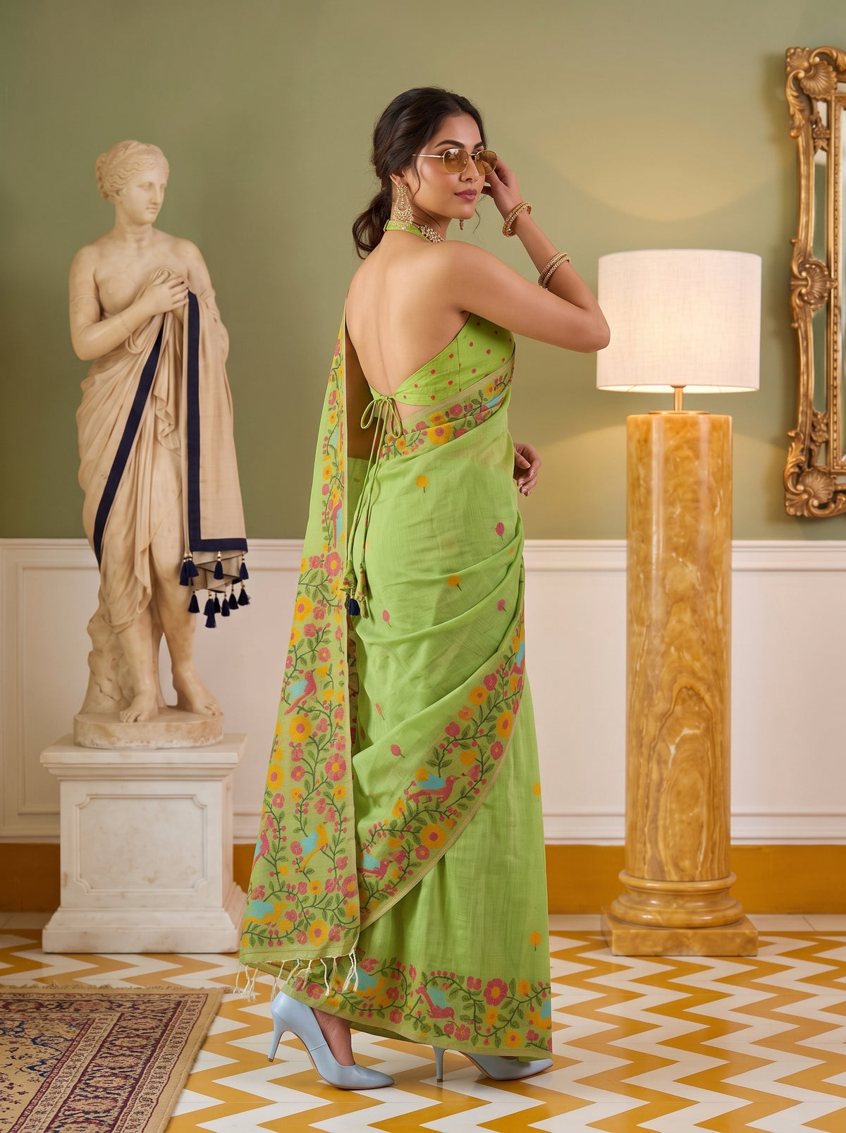 MIMOSA Parrot Green Banarasi Linen Saree — pose 9 styling detail