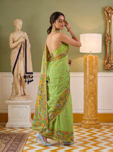 MIMOSA Parrot Green Banarasi Linen Saree — pose 9 styling detail