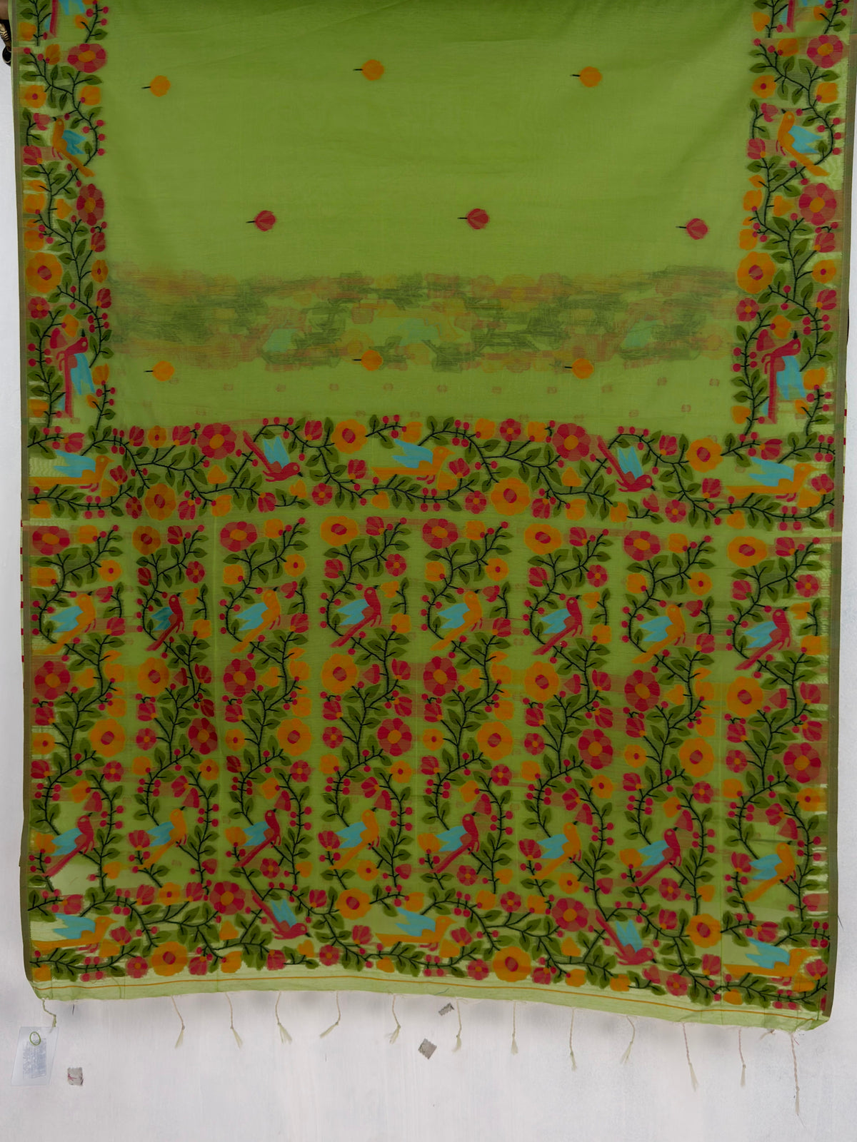 MIMOSA Parrot Green Banarasi Linen Saree — pallu and zari work detail