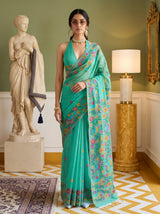 MIMOSA Rama Banarasi Linen Saree — front view on mannequin