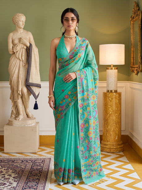 MIMOSA Rama Banarasi Linen Saree — front view on mannequin