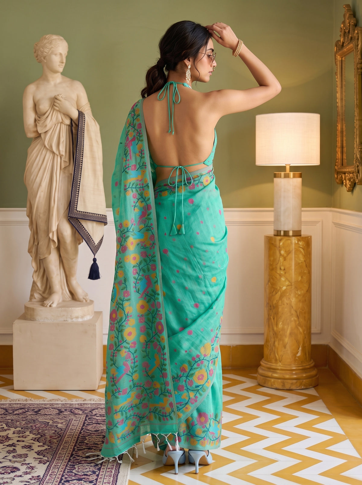MIMOSA Rama Banarasi Linen Saree — pose 2 styling detail
