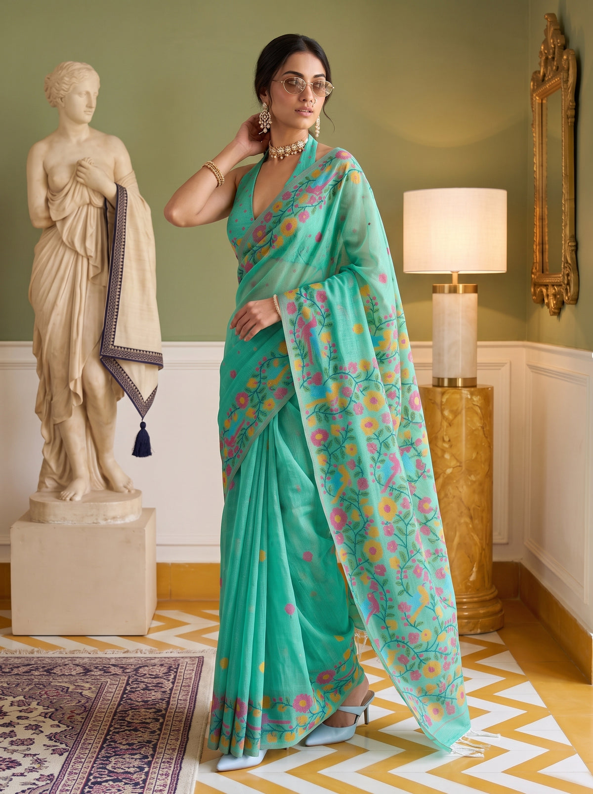 MIMOSA Rama Banarasi Linen Saree — pose 5 styling detail