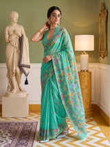 MIMOSA Rama Banarasi Linen Saree — pose 5 styling detail