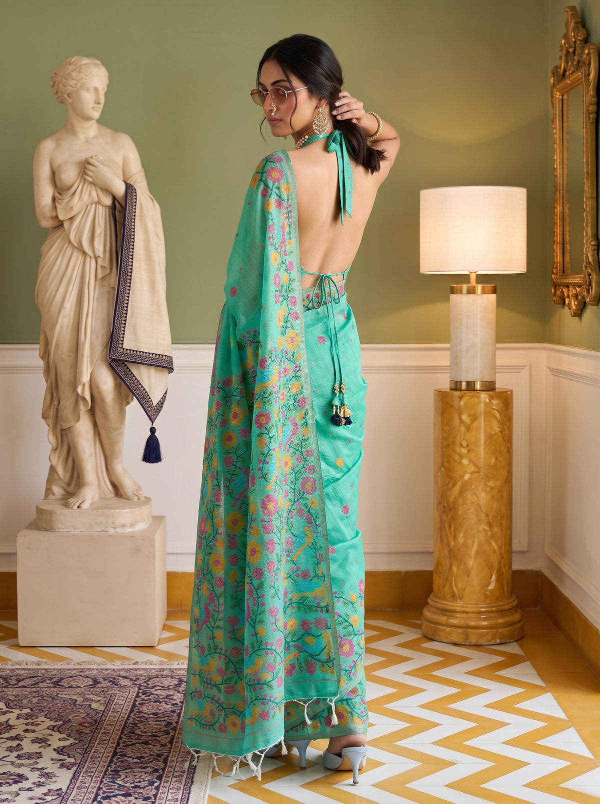 MIMOSA Rama Banarasi Linen Saree — pose 7 styling detail