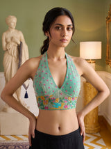 MIMOSA Rama Banarasi Linen Saree — blouse close-up