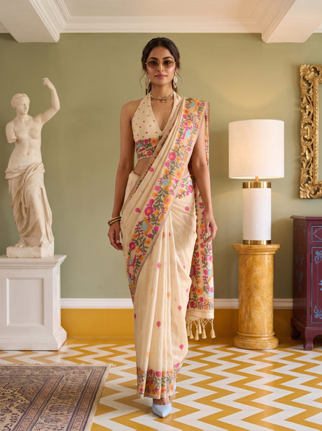 MIMOSA Tussar Banarasi Linen Saree — front view on mannequin
