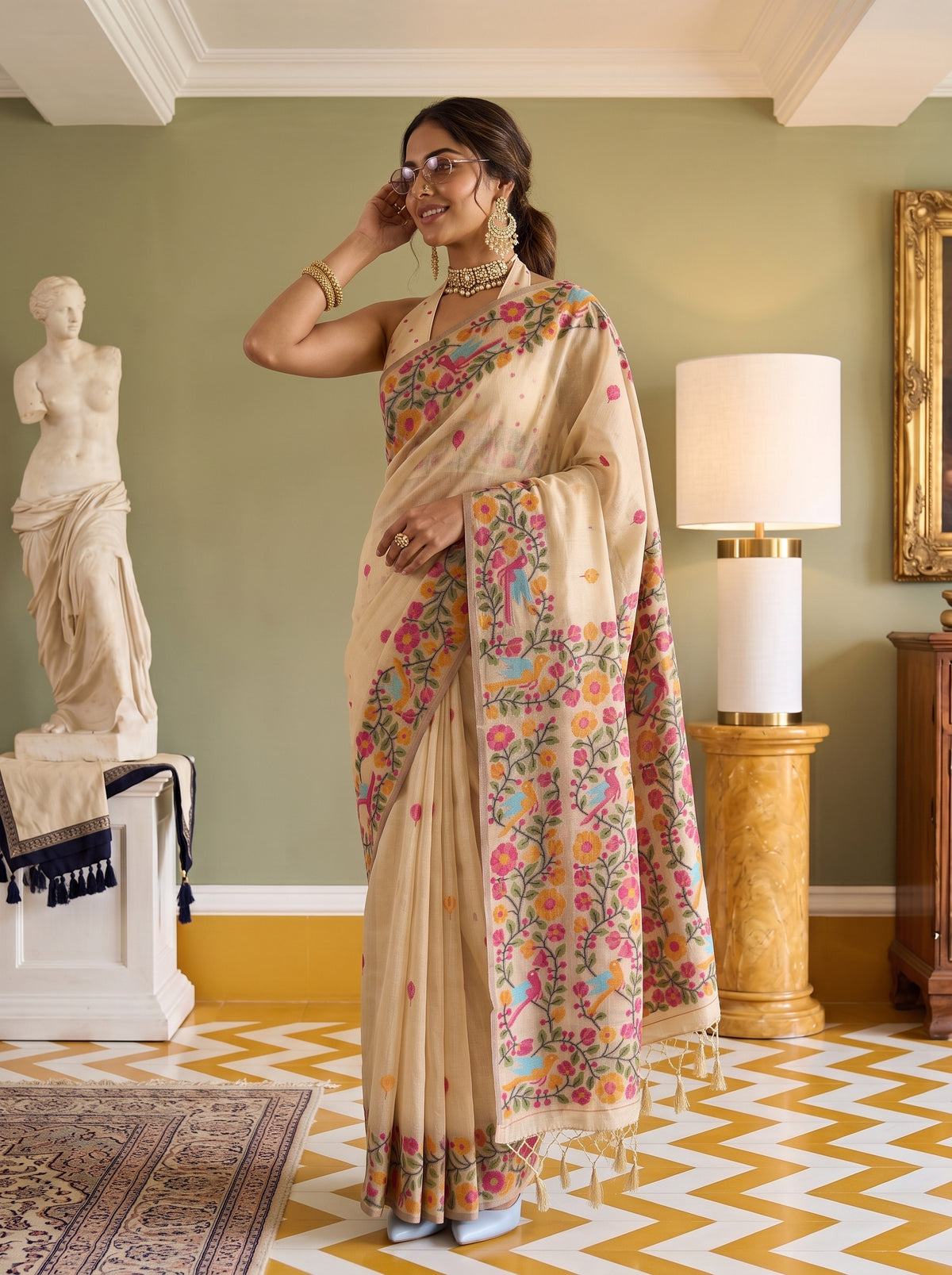 MIMOSA Tussar Banarasi Linen Saree — pose 10 styling detail
