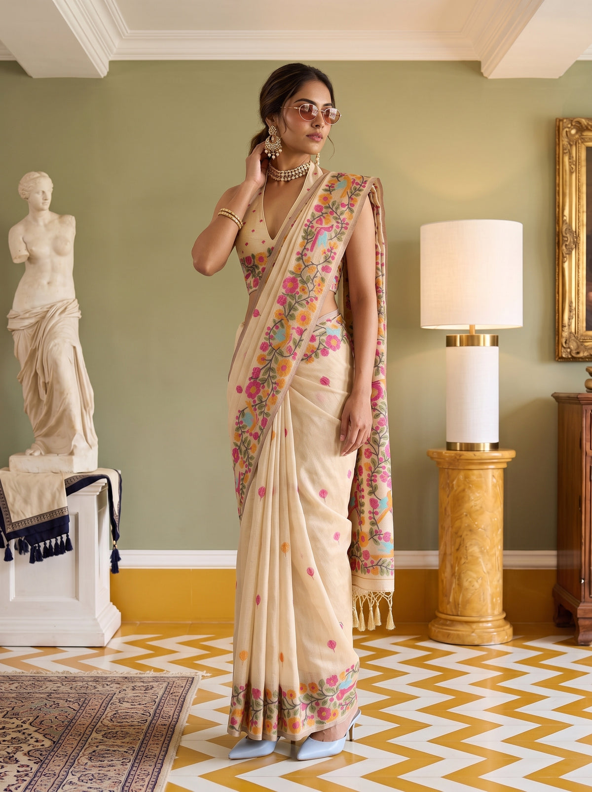MIMOSA Tussar Banarasi Linen Saree — pose 5 styling detail