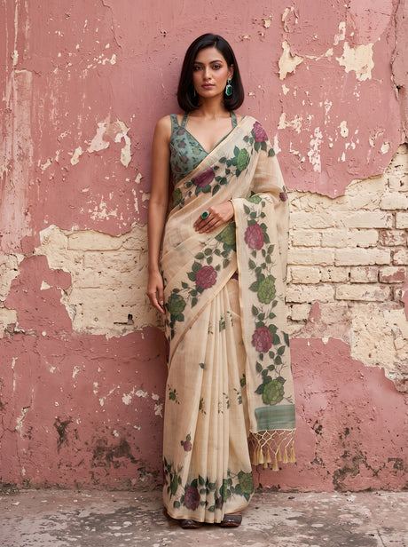 MIMOSA Bottle Green Banarasi Linen Saree — full length pose