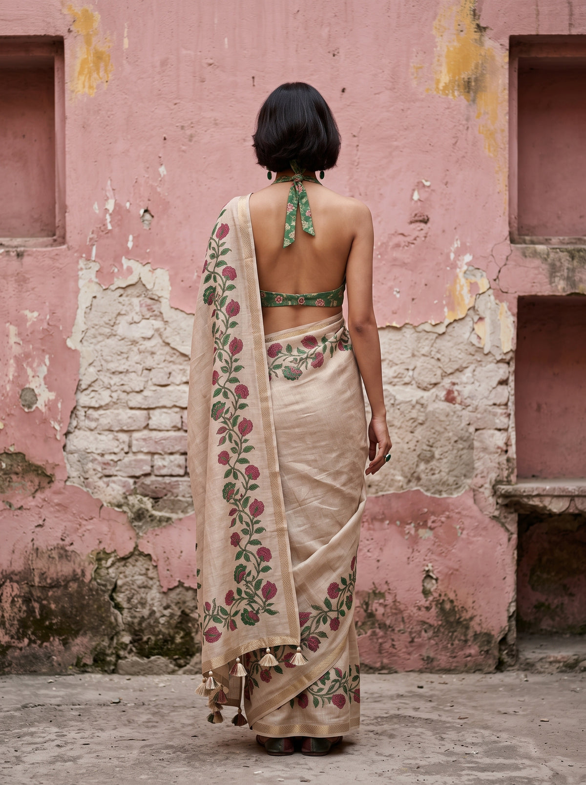 MIMOSA Bottle Green Banarasi Linen Saree — close-up of model's face