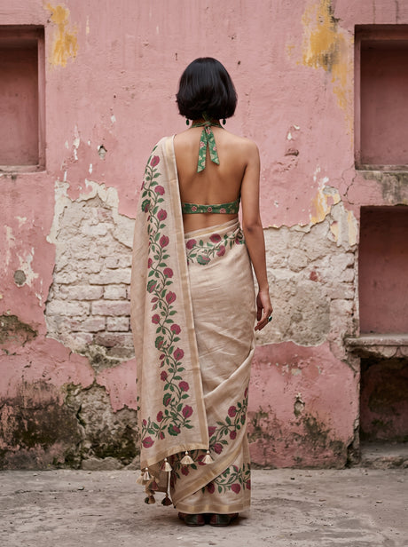 MIMOSA Bottle Green Banarasi Linen Saree — close-up of model's face