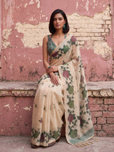 MIMOSA Bottle Green Banarasi Linen Saree — close-up of model's feet