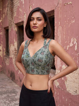 MIMOSA Bottle Green Banarasi Saree — blouse close-up