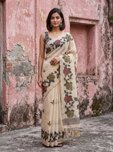 MIMOSA Grey Banarasi Linen Saree — full length pose