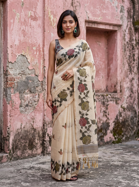 MIMOSA Grey Banarasi Linen Saree — full length pose
