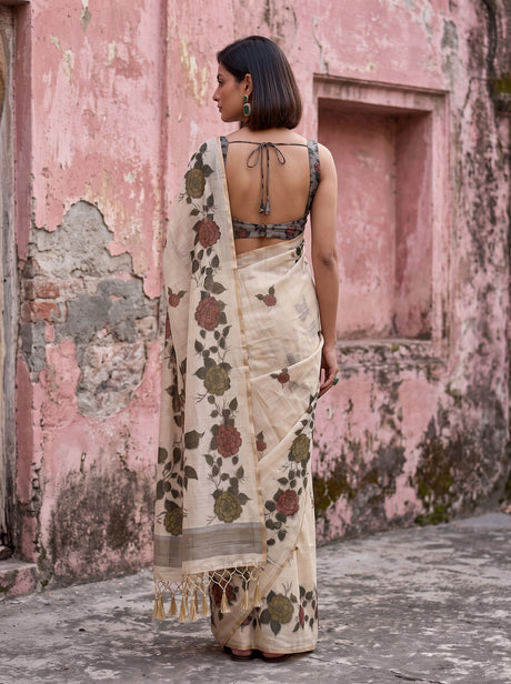 MIMOSA Grey Banarasi Linen Saree — close-up of model's face